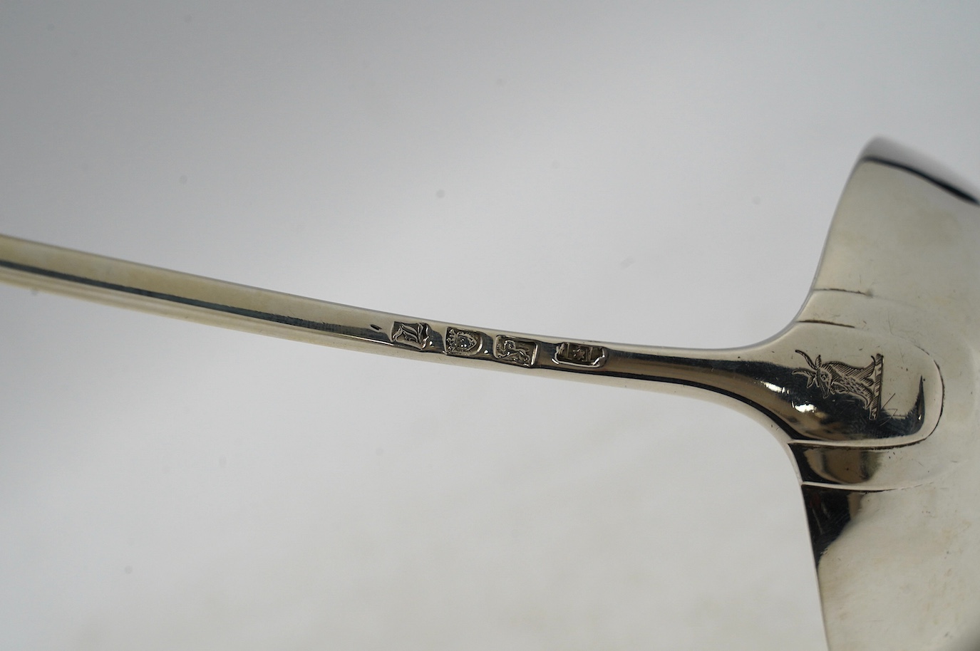 A George III silver Onslow pattern soup ladle, by James Tookey, London, 1766, 34.8cm, 5oz. Condition - fair to good